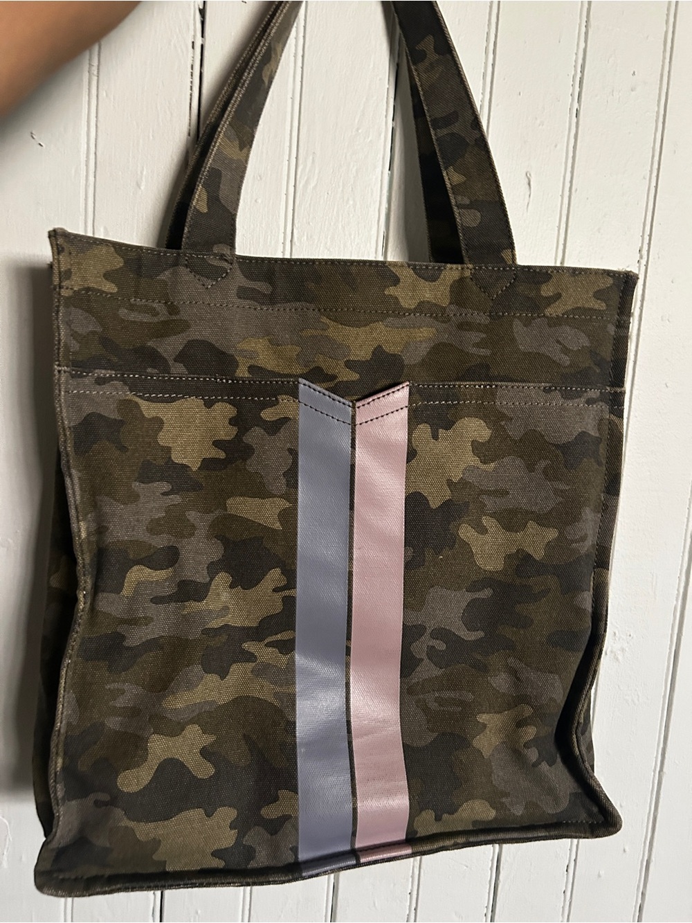 Stella & Dot Camo Tote with Pink and Gray Center Stripes
